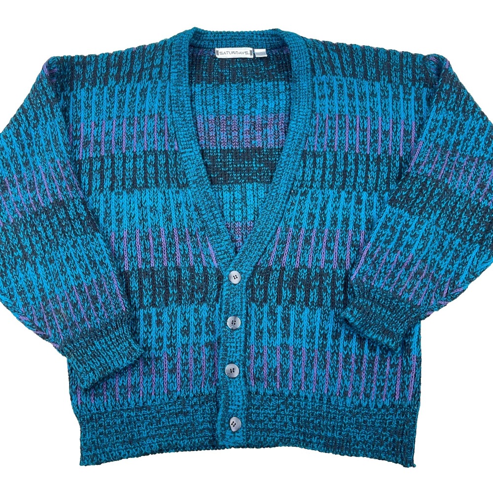 Vintage Saturdays Cardigan Sweater Men Medium Teal Biggie Cosby Grandpa 80s 90s